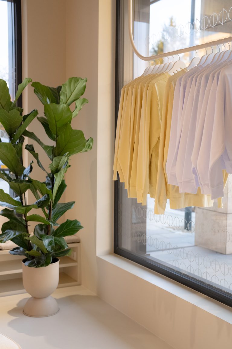 clothing on a rack with a plant nearby